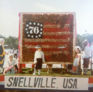 One of the first Snellville Days, May, 1976.  I made the sign for the float and my kids costumes